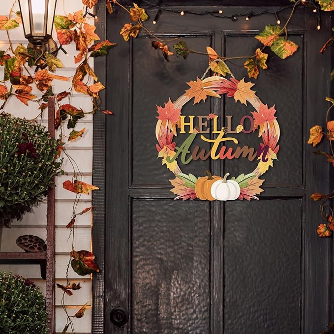 Color Valley Art Hello Autumn wreath sign with fall maple leaves and pumpkins, rustic wooden Thanksgiving wall decor by CozyNest Decor