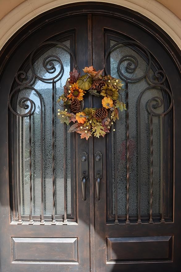 CozyNest Decor 24-inch artificial fall pumpkin sunflowers wreath with green and autumn tones for farmhouse wall or front door decor.