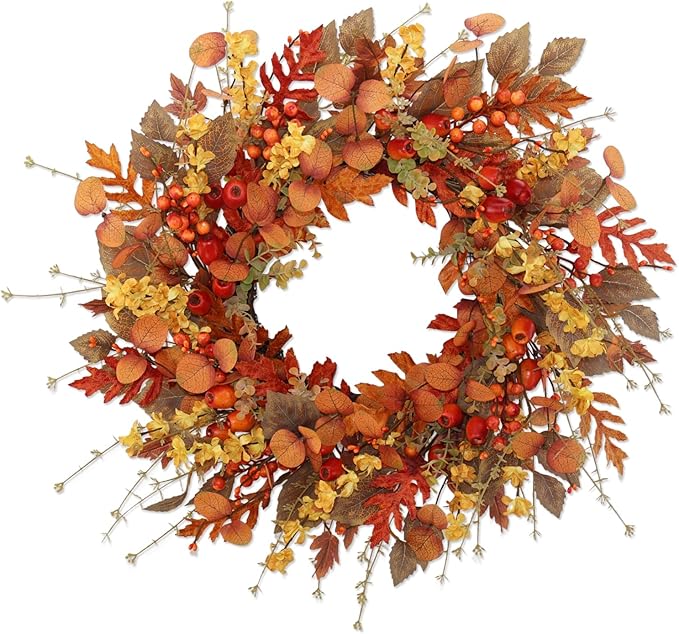 CozyNest Decor 22-inch artificial fall wreath with red berries, fall leaves, suitable for indoor outdoor front door, porch, or wall decor.