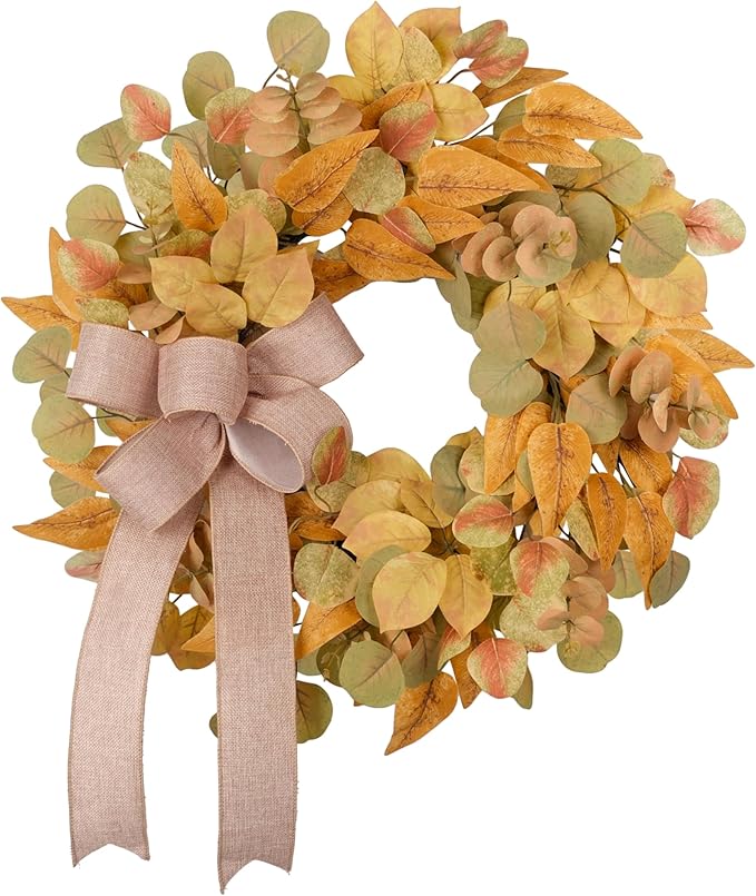 CozyNest Decor 24-inch fall wreath with faux autumn leaves and bow, perfect for farmhouse door, wall, or window decoration.