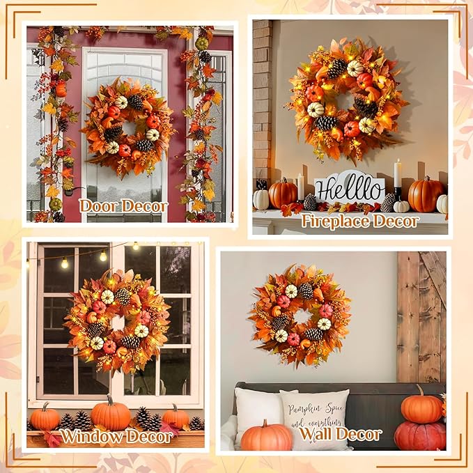 CozyNest Decor fall wreaths for front door, 20-inch handcrafted autumn wreath with colorful pumpkins and maple leaves for Thanksgiving.