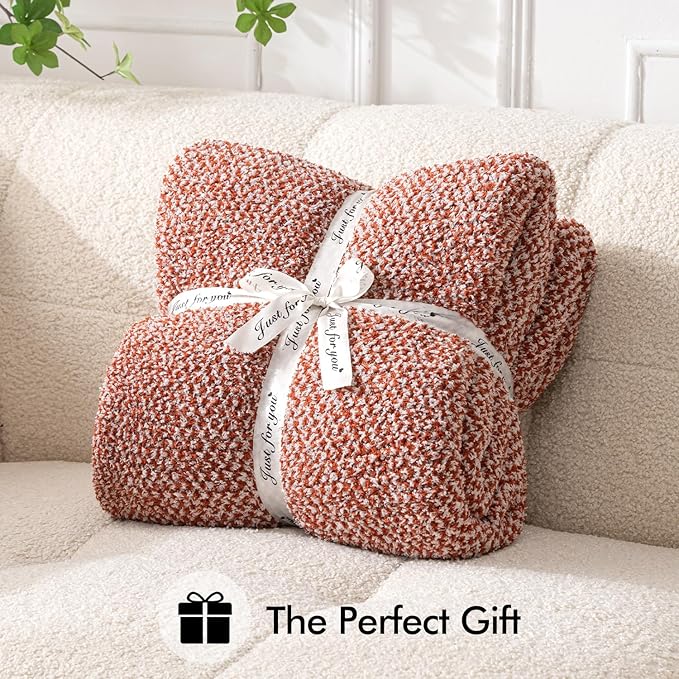 CozyNest Decor MIULEE fall rust soft throw blanket on a sofa, fluffy warm knit blanket for couch, bed, or outdoor use, 50 x 60 inches.