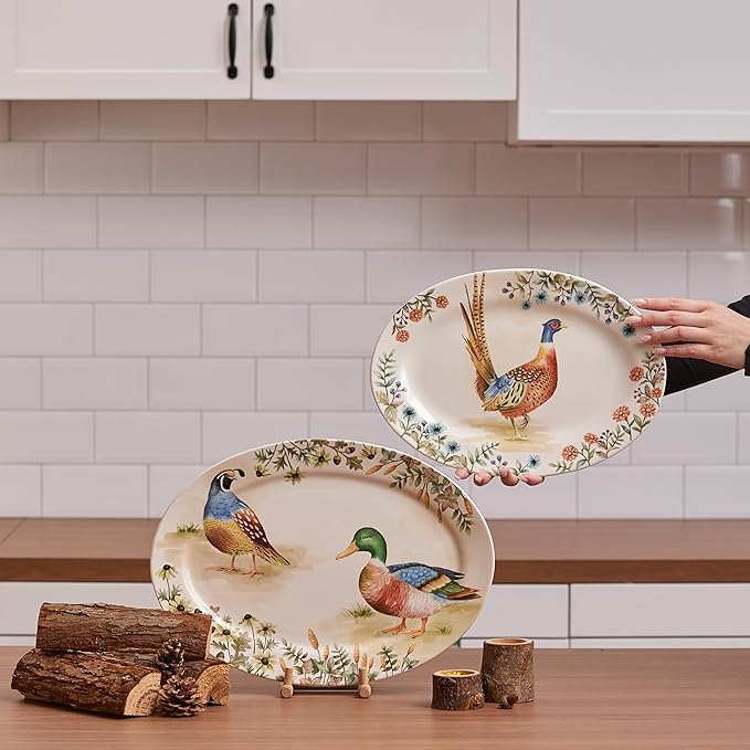 CozyNest Decor Bico Autumn Birds 16 and 14-inch oval platters set, microwave and dishwasher safe, ideal for serving fish, chicken, or turkey