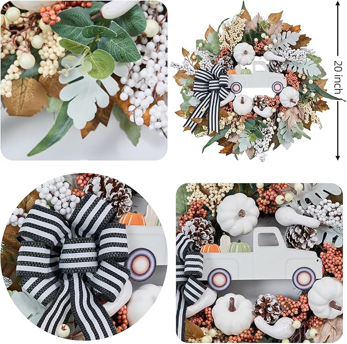 CozyNest Decor 20-inch fall wreath with white pumpkin, truck, and bow for front door porch harvest decor indoor outdoor