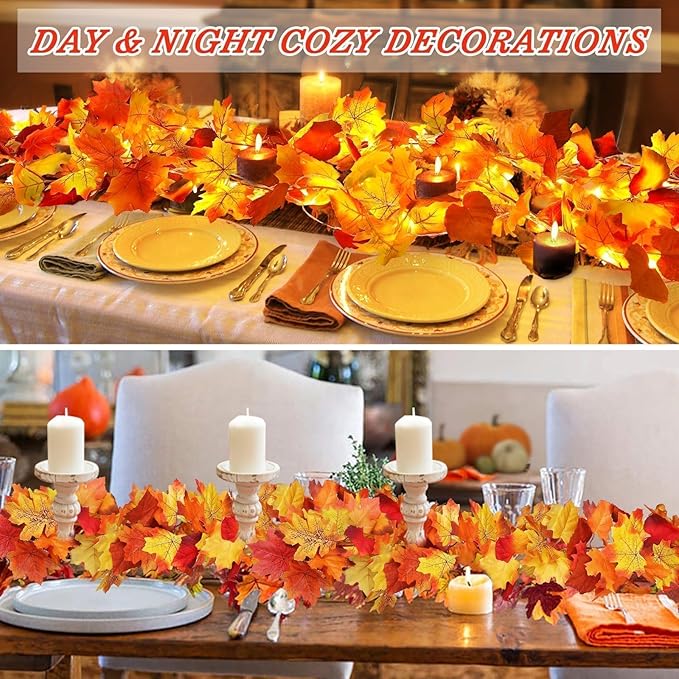 CozyNest Decor 4-pack fall garland with maple leaves and lights, 23.6 ft, ideal for indoor or outdoor autumn and Thanksgiving decor.