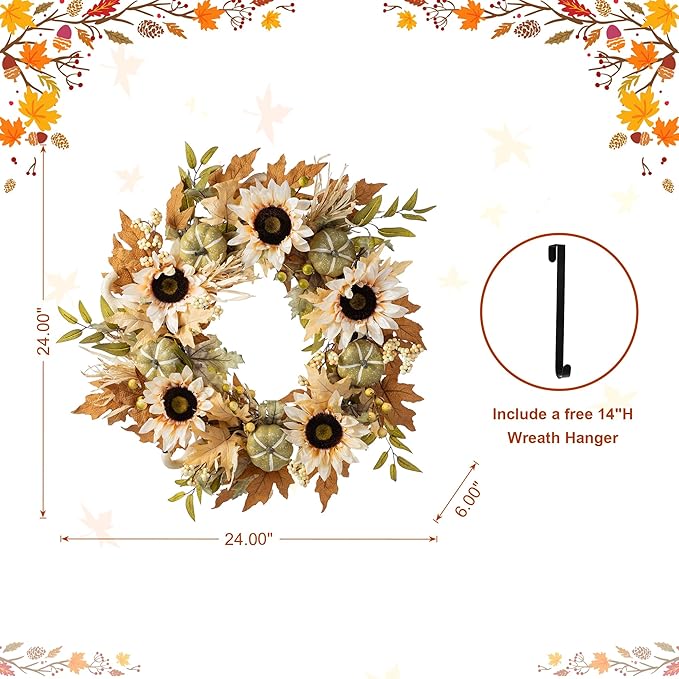 CozyNest Decor 24-inch artificial fall wreath with sunflowers, pumpkins, and leaves, for front door or farmhouse wall decor
