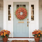 CozyNest Decor 26-inch fall wreath with faux eucalyptus, boxwood leaves, and daisy flowers for front door or porch autumn decor
