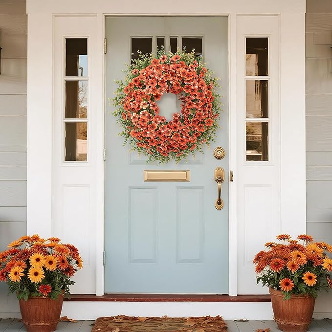 CozyNest Decor 26-inch fall wreath with faux eucalyptus, boxwood leaves, and daisy flowers for front door or porch autumn decor