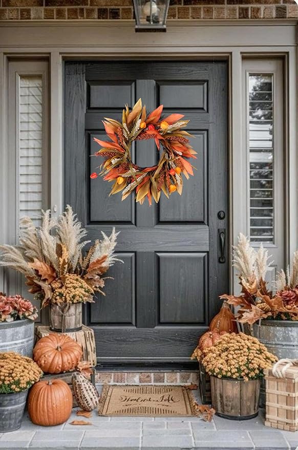Rustic fall wreath with corn husks, berries, and autumn leaves, 24-inch size, cozy farmhouse decor for door or wall.