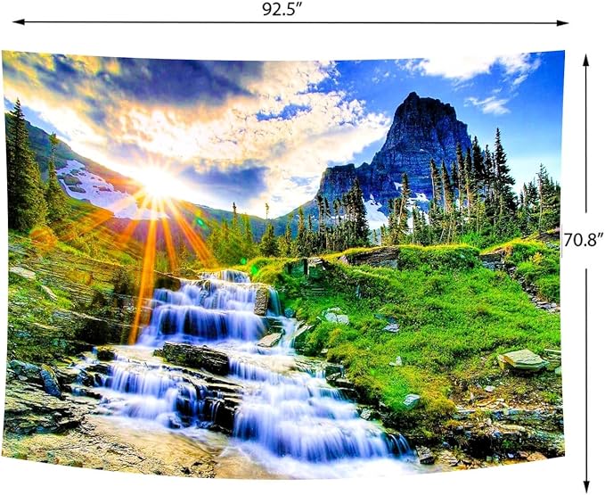 Delur Mountain Waterfall tapestry featuring sunset forest trees and rainforest scenery, ideal as wall hanging for bedroom or living room.