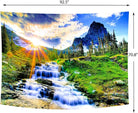 Delur Mountain Waterfall tapestry featuring sunset forest trees and rainforest scenery, ideal as wall hanging for bedroom or living room.