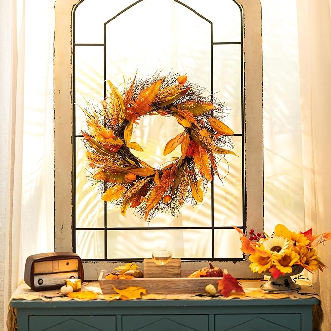 CozyNest Decor 24-inch fall wheat wreath with gold harvest grains, perfect for Thanksgiving door or wall decor indoors or outdoors.