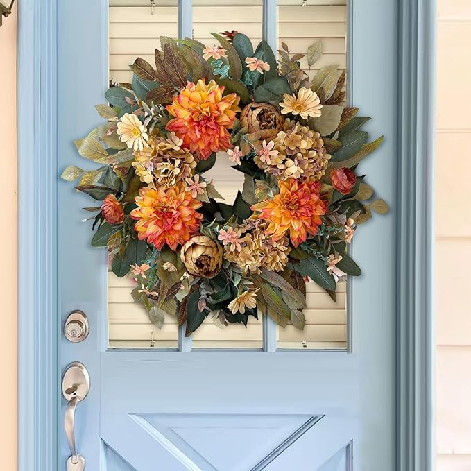 CozyNest Decor 24-inch fall wreath with orange hydrangea, peony, and dahlia flowers for front door autumn decoration.