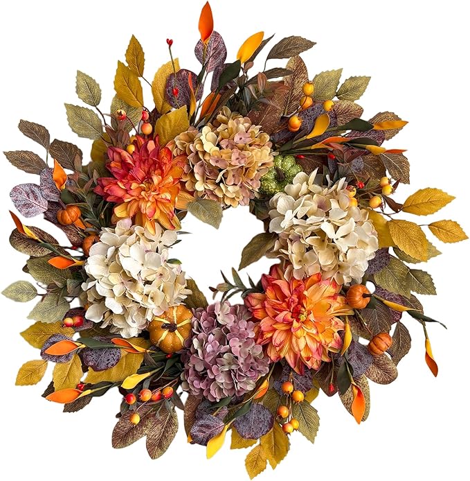 24-inch fall wreath with beige hydrangea, orange dahlias, pumpkins, and autumn accents for front door decor.