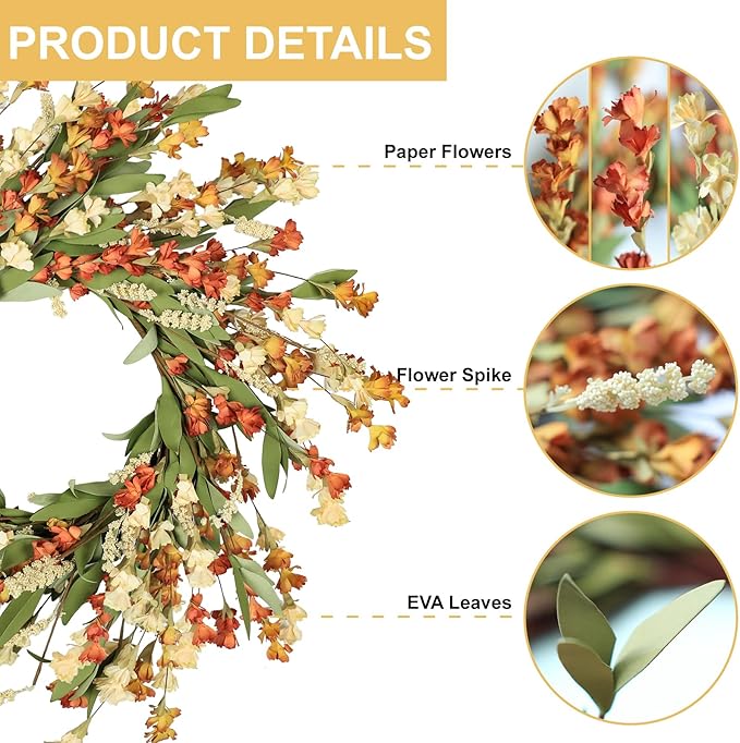 CozyNest Decor Artgar Fall Wreath, 24-inch floral autumn wreath with white, orange, yellow leaves for front door outdoor or indoor decor