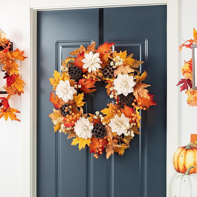 CozyNest Decor 24-inch fall sorghum wreath with metal hanger, perfect for front door or indoor holiday harvest decorations.