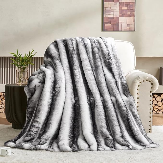 Black and white luxury faux fur blanket for bed, soft plush throw from CozyNest Decor, reversible, thick, decorative, 70x90 inches