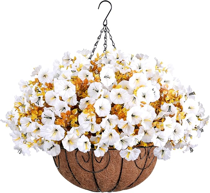 Artificial white morning glory and eucalyptus hanging basket flowers by CozyNest Decor, UV resistant faux outdoor porch decoration