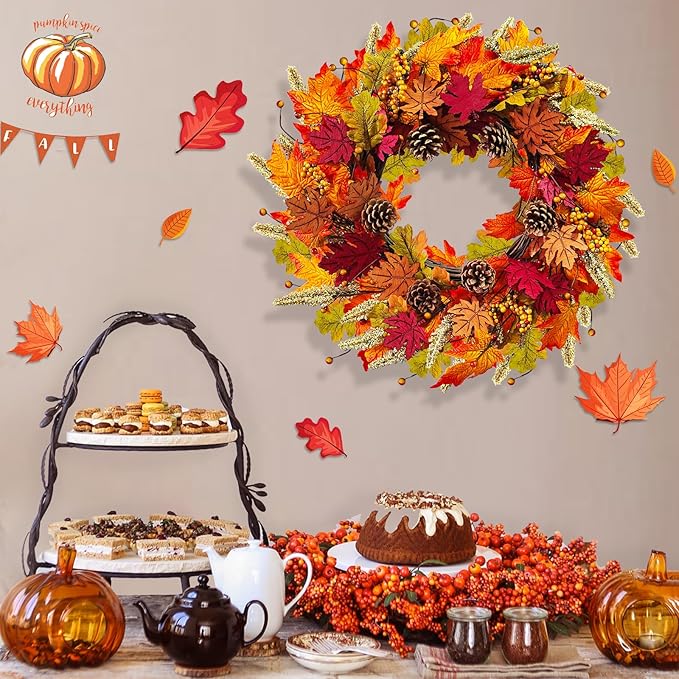 CozyNest Decor 24-inch fall wreath with berries, pine cones, wood maple leaves, ideal for front door, wall, or window decor.