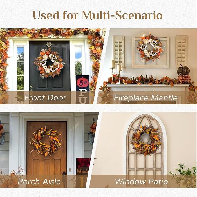Large 24-inch wheat fall wreath for Thanksgiving by CozyNest Decor, featuring harvest grain and gold accents for front door or wall decor.