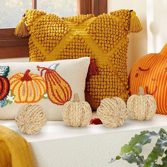 CozyNest Decor 4.3-inch braided corn husk pumpkins set, natural woven fall vegetable decor for table centerpieces and Thanksgiving.