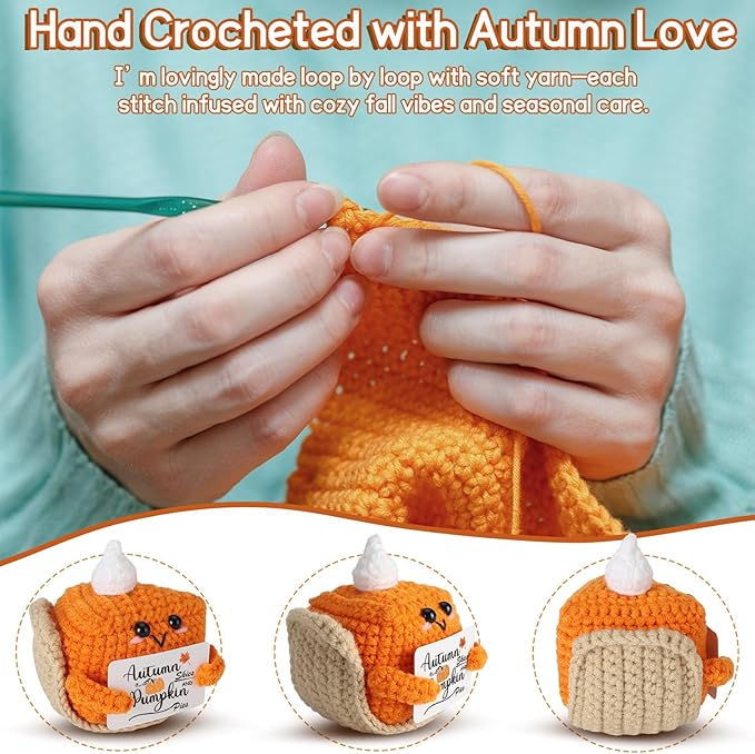 CozyNest Decor mini pumpkin pie crochet doll, small autumn seasonal plush collectible for Halloween, Thanksgiving, or Christmas decor.