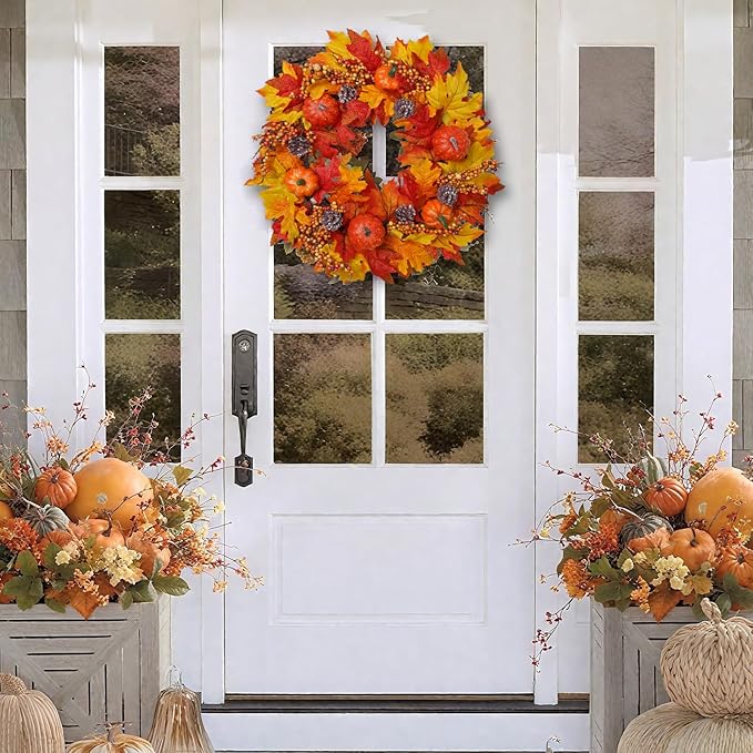 CozyNest Decor fall wreath with pumpkins and maple leaves, 20-inch autumn wreath for front door and outdoor home decor.