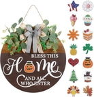 Rustic round wood welcome sign by CozyNest Decor with interchangeable seasonal decorations for front door or wall decor.