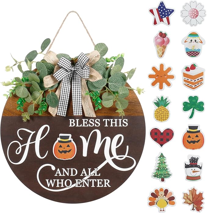 Rustic round wood welcome sign by CozyNest Decor with interchangeable seasonal decorations for front door or wall decor.
