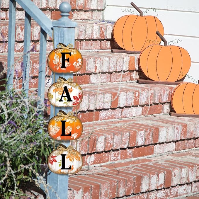 CozyNest Decor fall pumpkin door sign with autumn maple leaves, wooden hanging wall decoration for front door porch or outdoor decor
