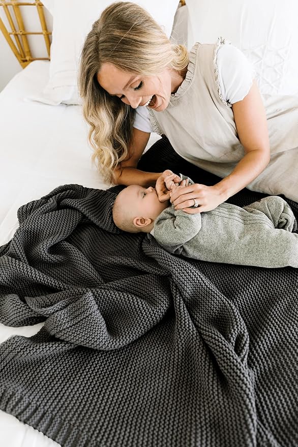 CozyNest Decor MakeMake Organics organic cotton throw blanket in charcoal grey, soft knit, large 50x60 inches, perfect for couch or bed.
