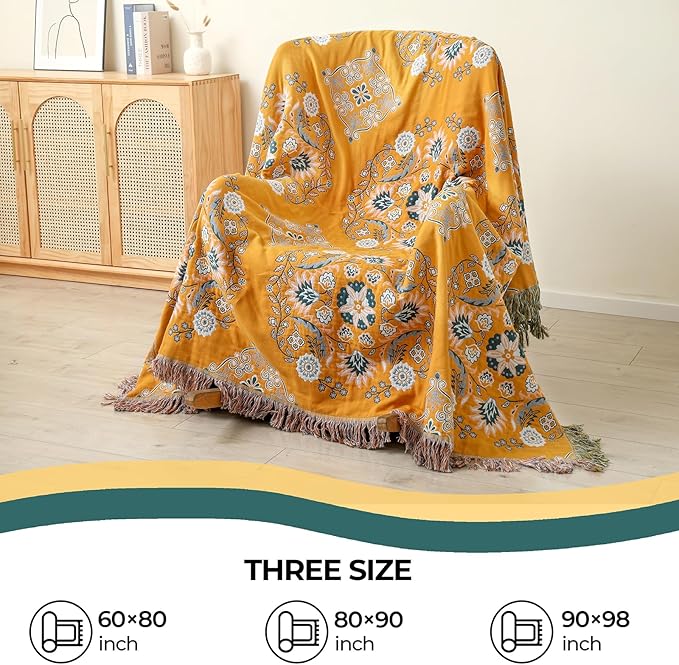 CozyNest Decor boho cotton throw blanket with yellow floral print, lightweight breathable woven bed throw, 80x90 inches.