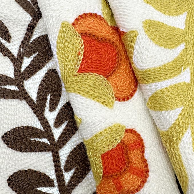 Alysheer floral embroidered fall throw pillow cover with orange flowers and brown leaves, 18x18 inches, cozy farmhouse style.