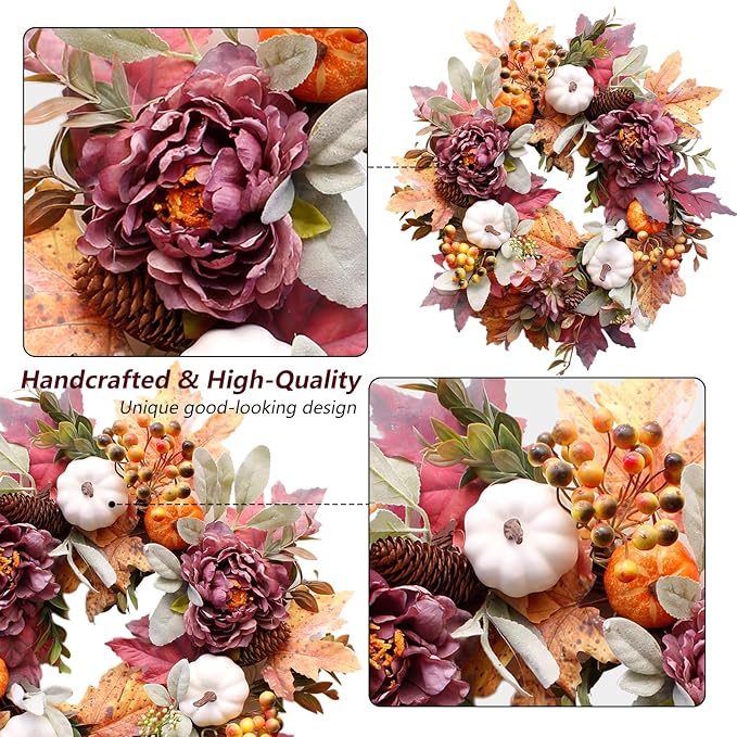 20-inch fall wreath with white pumpkins, peonies, pine cones, perfect for front door autumn decor and holiday celebrations