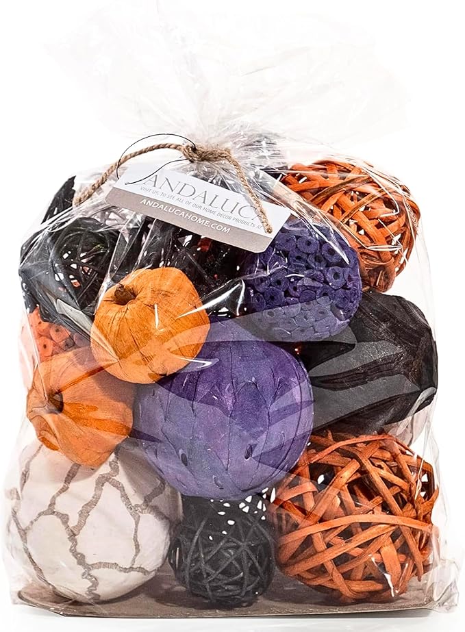 CozyNest Decor Andaluca large Halloween fall vase filler bag with purple and orange orbs and balls for decorative arrangements.