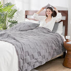 Gray CozyNest Decor checkered faux rabbit fur throw blanket, soft fuzzy minky for couch or bed, queen size 90x90 inches