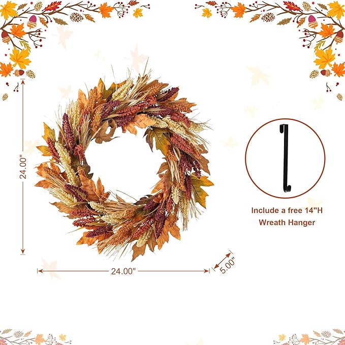 CozyNest Decor 24-inch fall sorghum wreath with metal hanger, perfect for front door or indoor holiday harvest decorations.