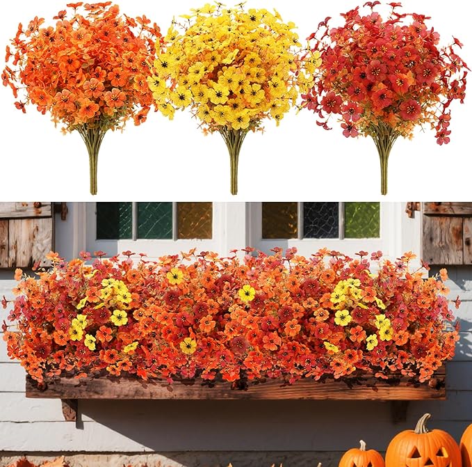 12 bundles of CozyNest Decor artificial fall flowers with faux mums in orange, brown, and yellow for outdoor and indoor fall decor.