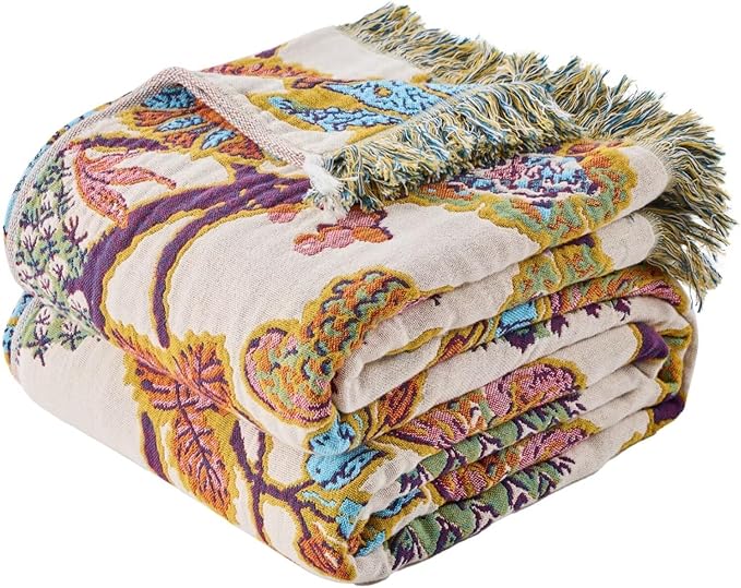 CozyNest Decor boho cotton throw blanket with floral southwestern design, lightweight reversible rustic blanket for bed or sofa.