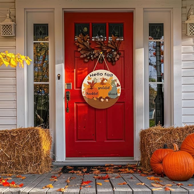 Rustic round wood wreath with maple leaves garland, cozy fall home decor for front door, porch, or kitchen wall by CozyNest Decor