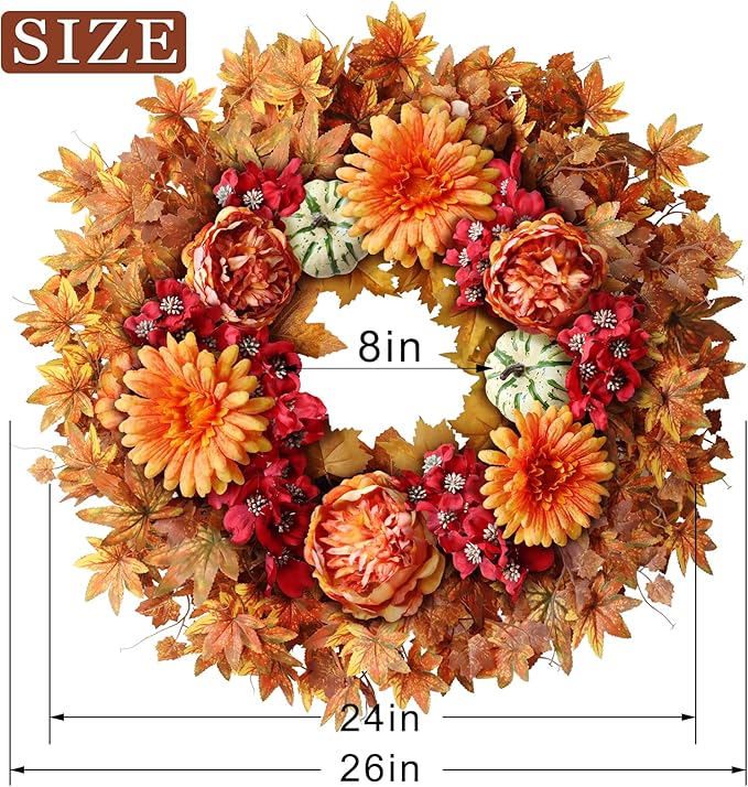 26-inch artificial fall wreath with maple leaves, silk peony, faux pumpkin, perfect for front door, porch, or farmhouse autumn decor
