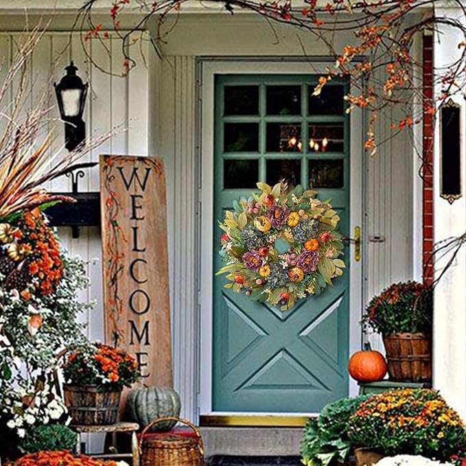CozyNest Decor 24-inch fall wreath with blue hydrangea, purple peony, orange pumpkins, perfect for front door autumn decor