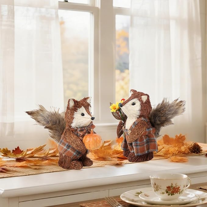 CozyNest Decor Winemana 2 Pack Fall Fox figurines, handmade autumn woodland animals with pumpkins, for home or office decor.