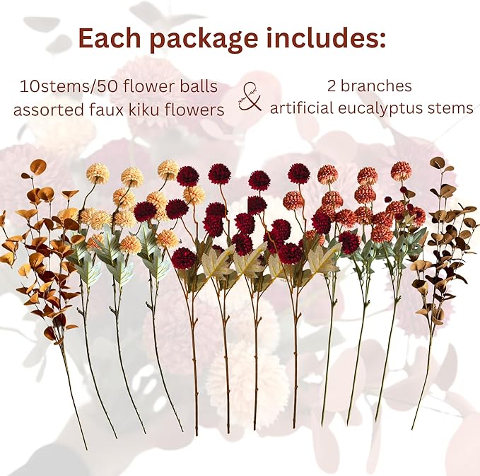 CozyNest Decor artificial fall flowers, burnt orange faux Kiku flowers with eucalyptus, silk mums and terracotta mini balls in a vase