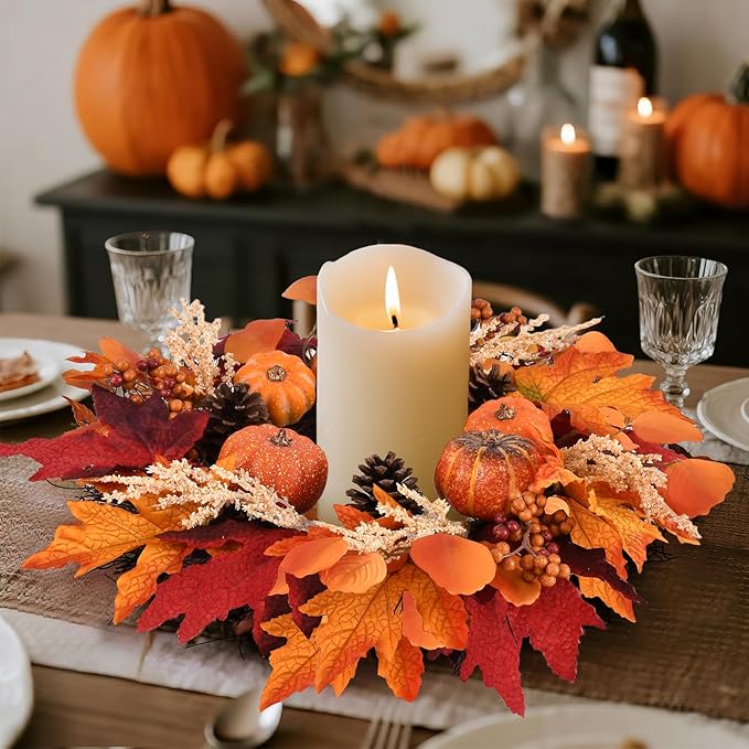 CozyNest Decor 20-inch fall wreath with berries, pumpkins, maple leaves, and pine cones for front door or porch decoration.