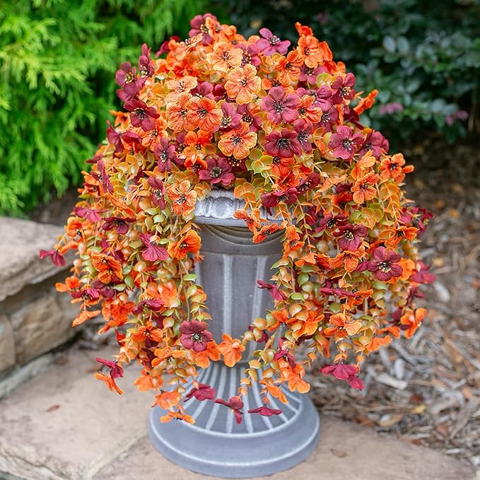 CozyNest Decor artificial autumn flowers, light orange and brown silk daisies, hanging porch or balcony decor, realistic outdoor plants