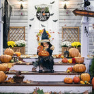 Rustic wooden seasonal welcome sign wreath with dog design, ideal for front door, wall, or porch decor for all seasons.