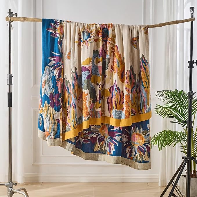 Colorful boho floral bird throw blanket for bed, lightweight reversible quilt, queen size, soft cotton, all-season cozy decor.