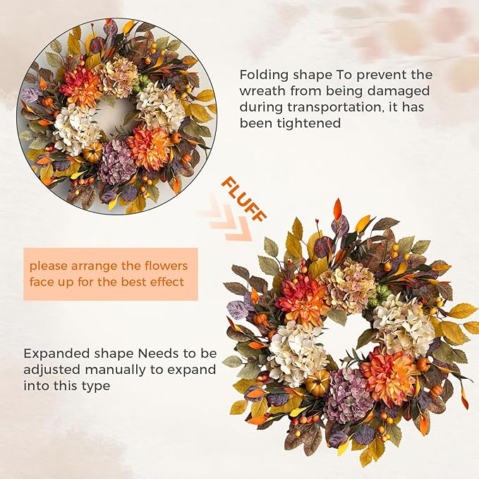24-inch fall wreath with beige hydrangea, orange dahlia, pumpkins, and autumn leaves, perfect for front door harvest and Thanksgiving decor