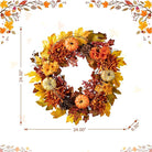 CozyNest Decor 24-inch artificial fall wreath with maple leaves, dahlias, pumpkins, berries for autumn, Halloween, and Thanksgiving decor.